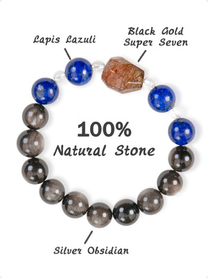 SENLLY Midnight Vision - Beaded Bracelet with Natural Lapis Lazuli, Silver Obsidian & Clear Quartz, Handcrafted Natural Stone Jewelry Featuring a Black Gold Super Seven Centerpiece