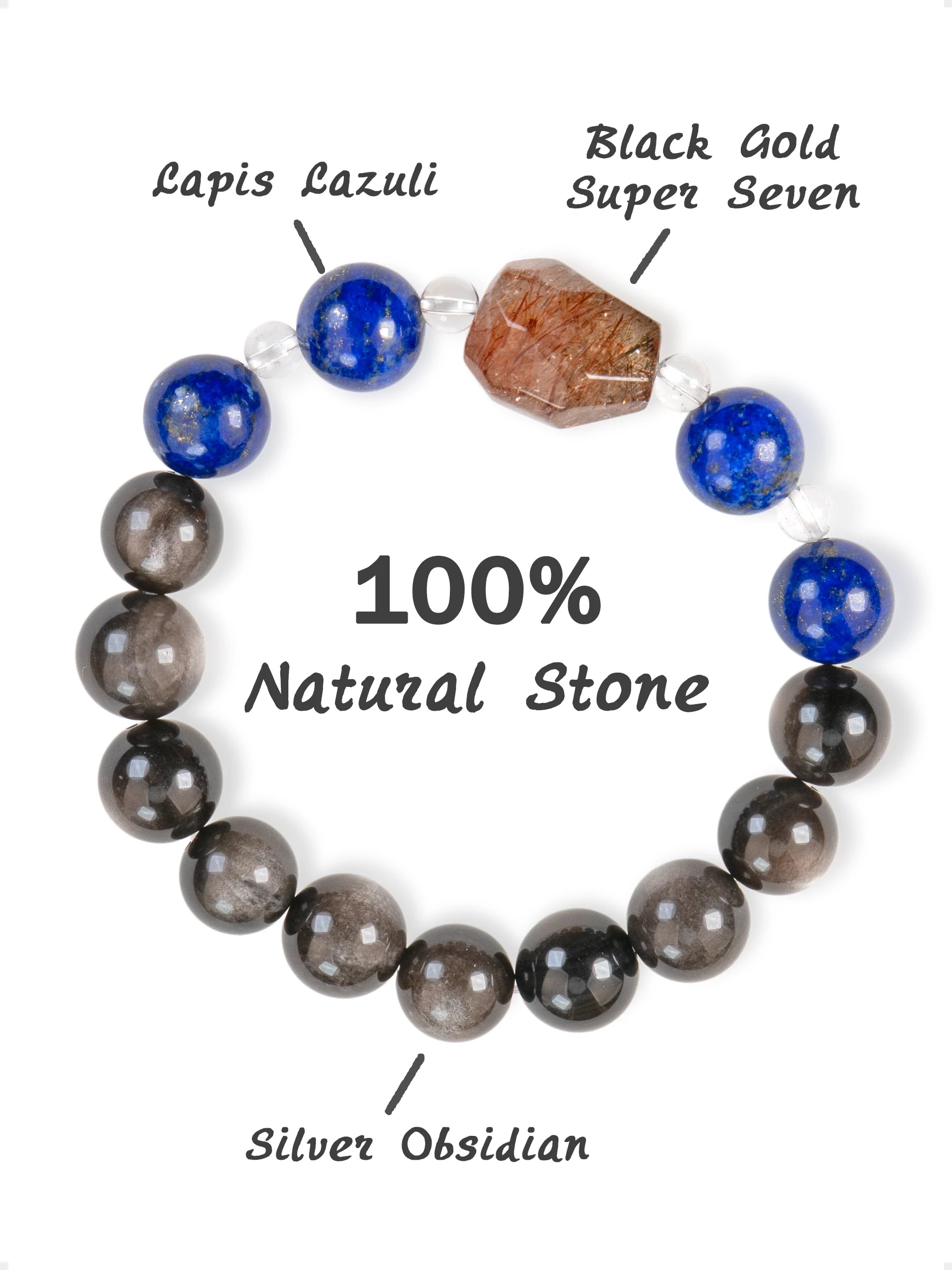 SENLLY Midnight Vision - Beaded Bracelet with Natural Lapis Lazuli, Silver Obsidian & Clear Quartz, Handcrafted Natural Stone Jewelry Featuring a Black Gold Super Seven Centerpiece