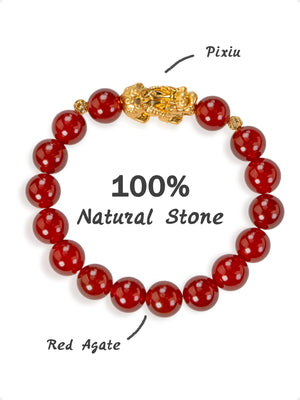 SENLLY Radiant Ember - Beaded Stretch Bracelet with Red Agate & Brass Pixiu Charm, Handmade Natural Stone Jewelry for Confidence, Balance & Vitality