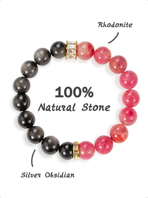 SENLLY Rose Shadow Harmony - Beaded Stretch Bracelet with Rhodonite & Silver Obsidian, Handmade Natural Stone Jewelry for Emotional Healing, Balance & Confidence