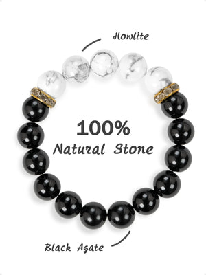 SENLLY Monochrome Balance - Beaded Stretch Bracelet with Howlite & Black Agate, Handmade Natural Stone Jewelry for Calm, Focus & Grounding