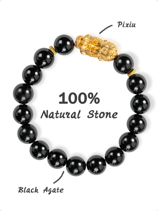 SENLLY Golden Guardian - Beaded Stretch Bracelet with Black Agate & Brass Pixiu Charm, Handmade Natural Stone Jewelry for Balance, Confidence & Grounding