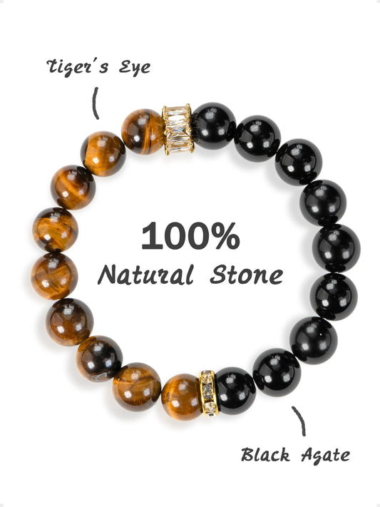 SENLLY Golden Focus - Beaded Stretch Bracelet with Tiger Eye & Black Agate, Handmade Natural Stone Jewelry for Strength, Confidence & Protection