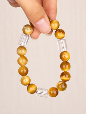 SENLLY Golden Clarity - Gold Tiger Eye & Clear Quartz Bracelet, Handcrafted Natural Stone Jewelry with Radiant Warm Glow & Crystal Accents