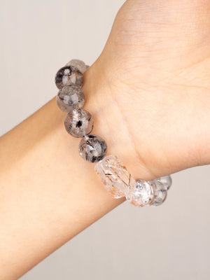 SENLLY Crystal Ascension - Beaded Stretch Bracelet with Natural Azeztulite & Black Herkimer Diamond, Handcrafted Natural Stone Jewelry for Clarity, Elevation & Inner Light