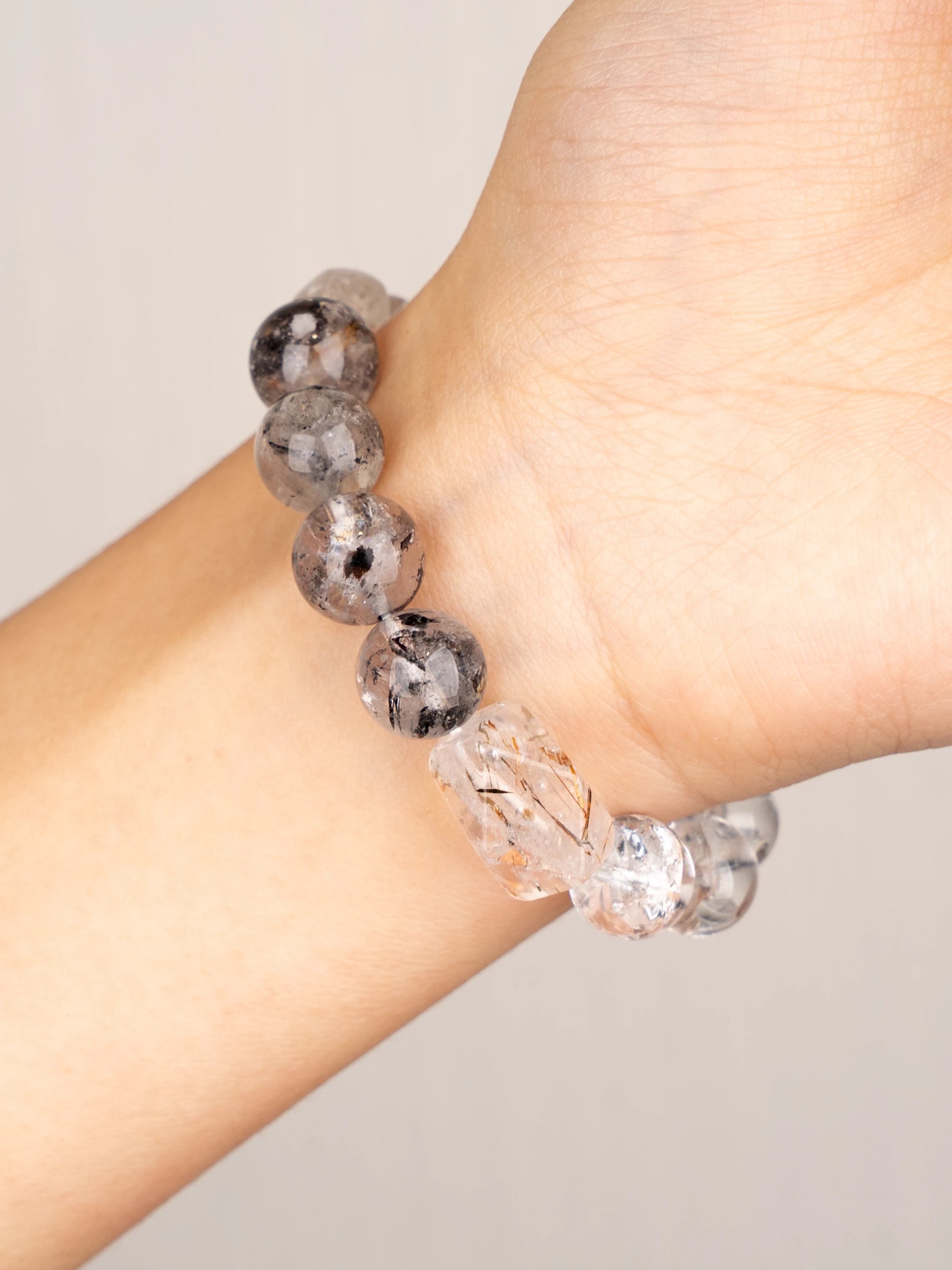 SENLLY Crystal Ascension - Beaded Stretch Bracelet with Natural Azeztulite & Black Herkimer Diamond, Handcrafted Natural Stone Jewelry for Clarity, Elevation & Inner Light