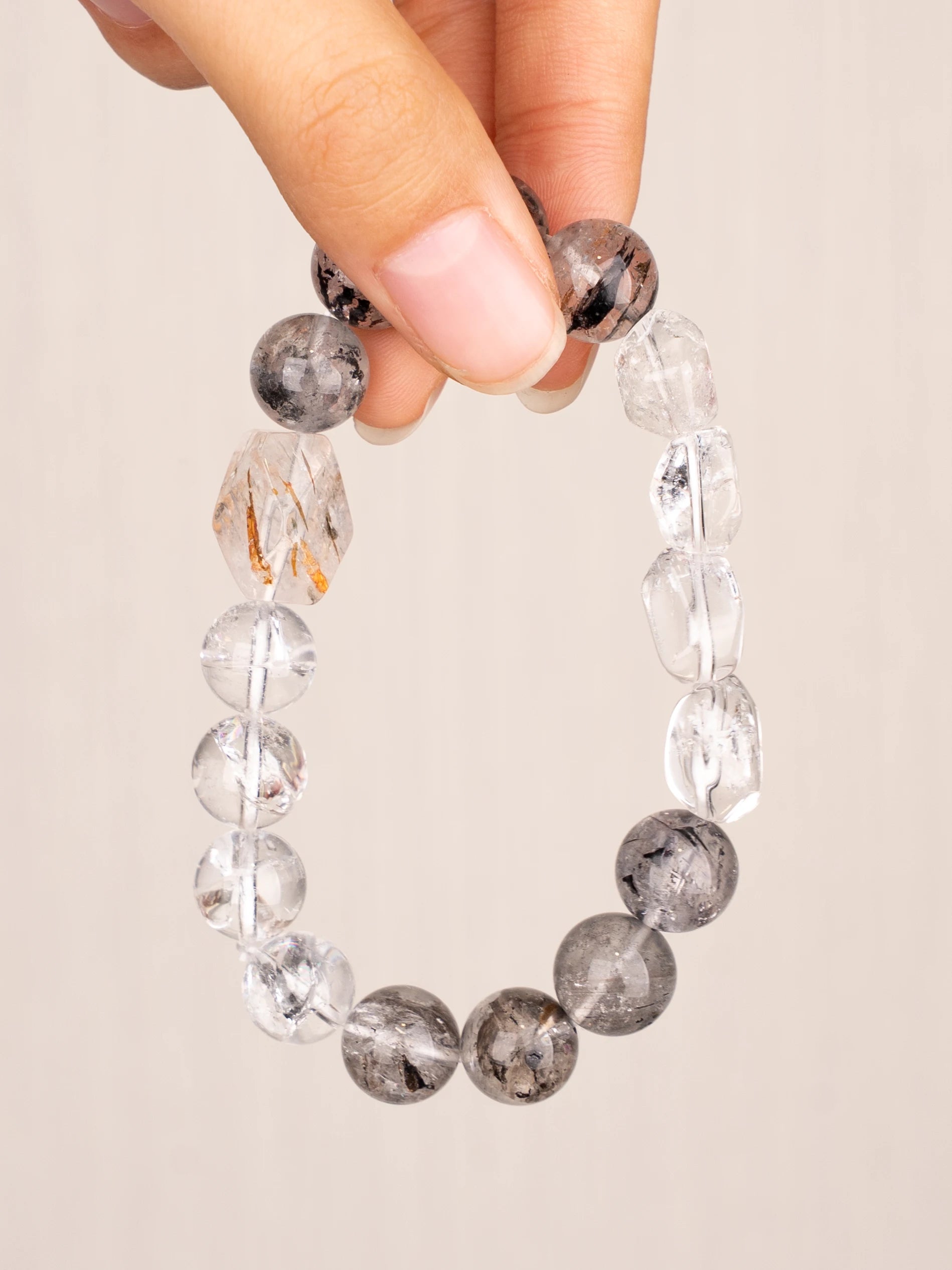 SENLLY Crystal Ascension - Beaded Stretch Bracelet with Natural Azeztulite & Black Herkimer Diamond, Handcrafted Natural Stone Jewelry for Clarity, Elevation & Inner Light