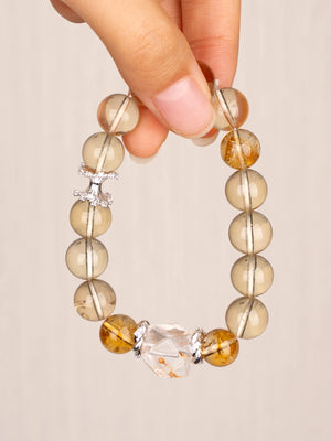 SENLLY Golden Aura - Citrine, Lemon Quartz & Black Gold Super Seven Bracelet, Handcrafted Natural Stone Jewelry with Radiant Warm Tones