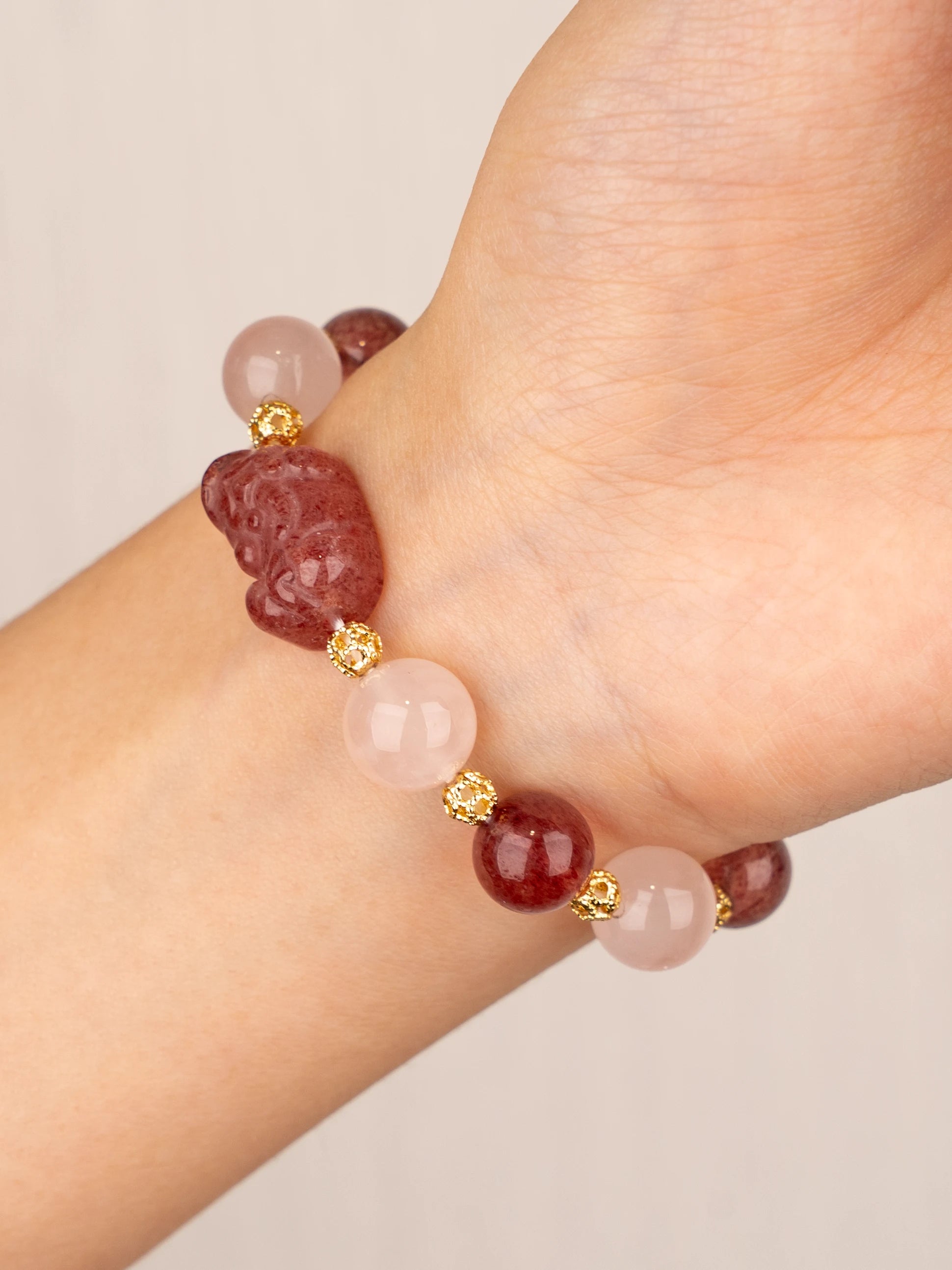 SENLLY Rose Promise - Beaded Stretch Bracelet with Natural Strawberry Quartz, Rose Quartz & Pixiu Carving, Handcrafted Natural Stone Jewelry for Love, Clarity & Emotional Harmony