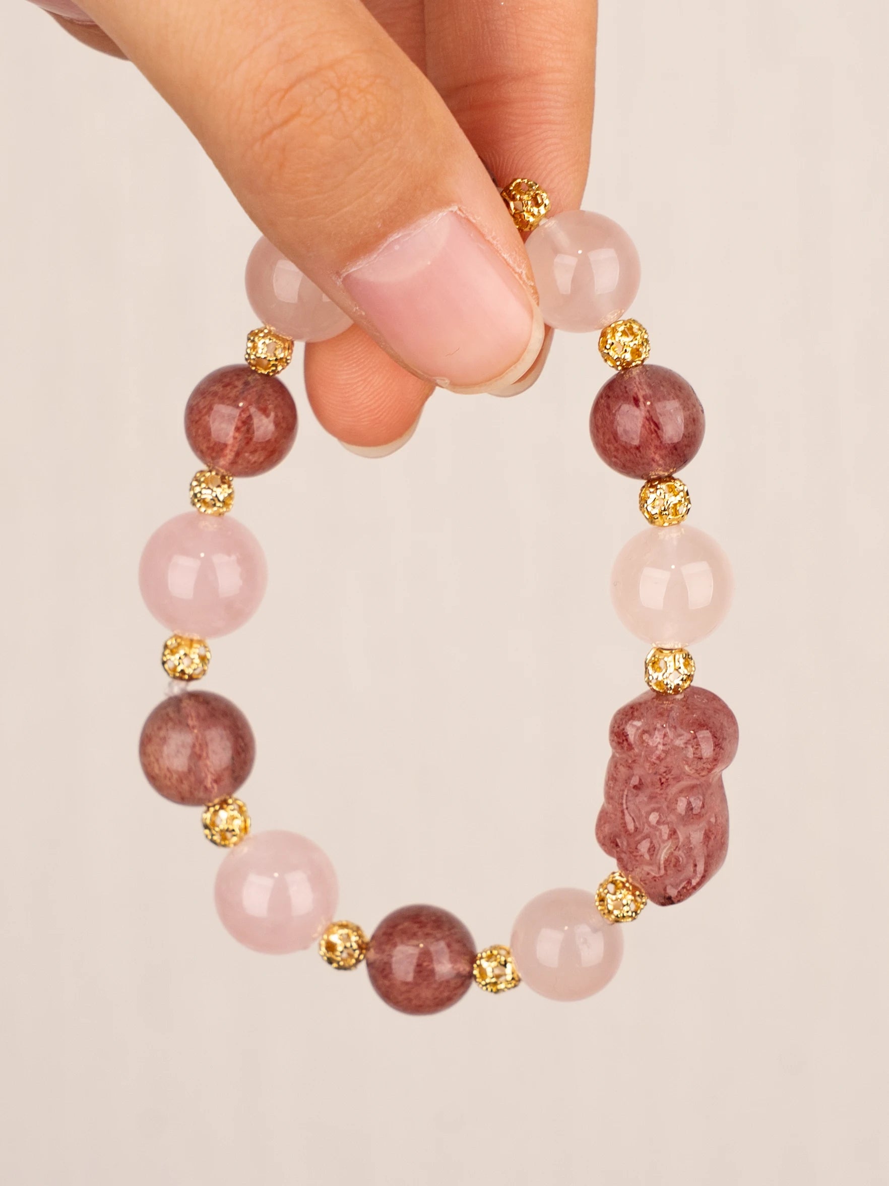 SENLLY Rose Promise - Beaded Stretch Bracelet with Natural Strawberry Quartz, Rose Quartz & Pixiu Carving, Handcrafted Natural Stone Jewelry for Love, Clarity & Emotional Harmony
