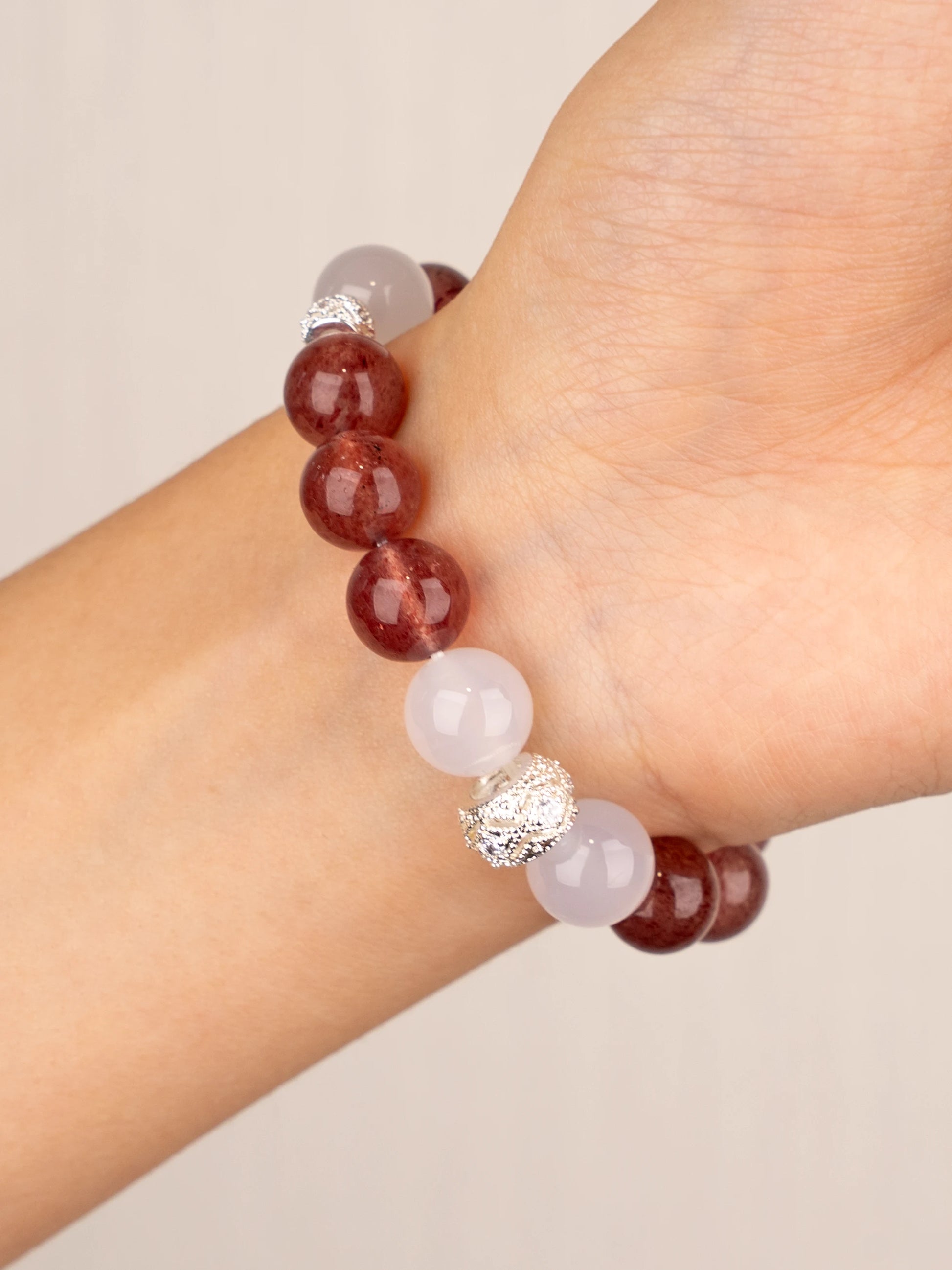 SENLLY Strawberry Glow - Beaded Stretch Bracelet with Natural Strawberry Quartz & White Agate, Handcrafted Natural Stone Jewelry for Warmth, Clarity & Emotional Balance