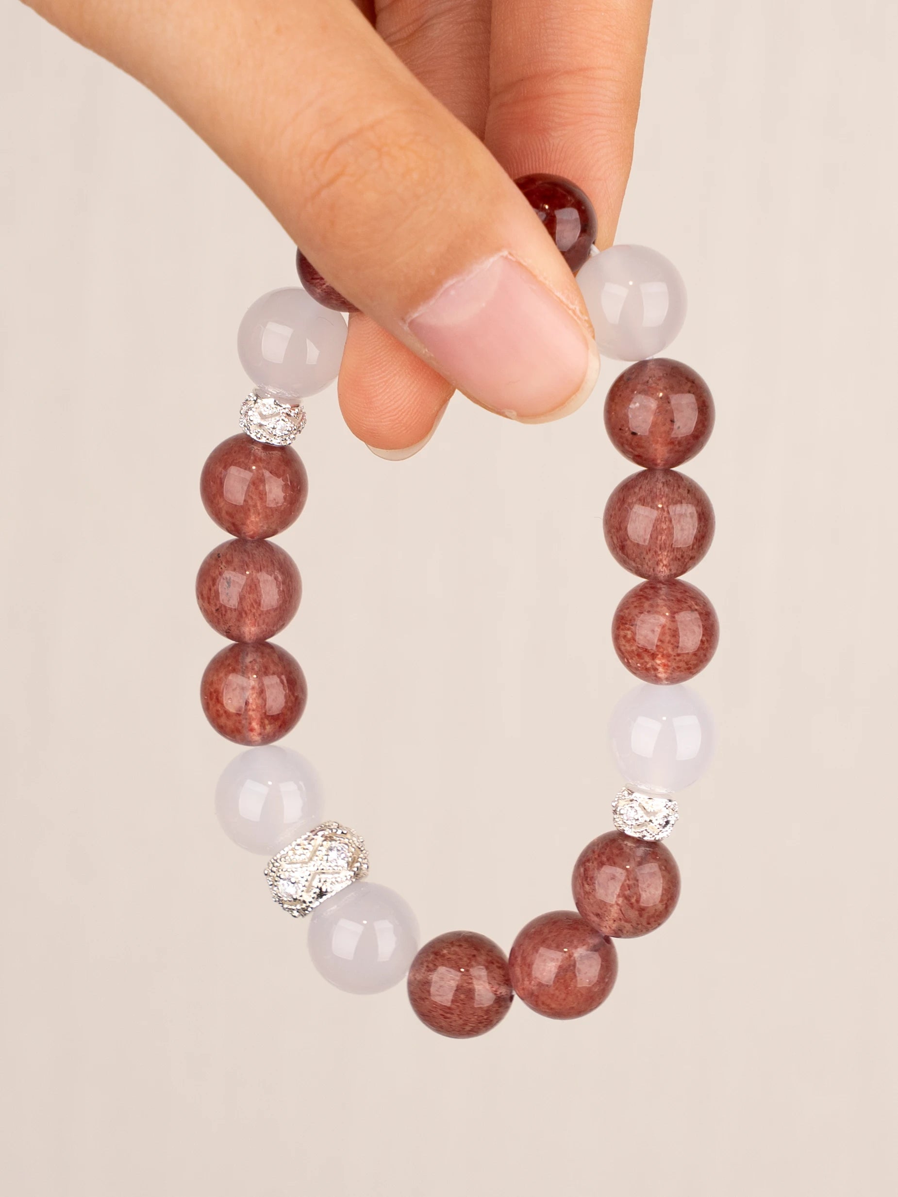 SENLLY Strawberry Glow - Beaded Stretch Bracelet with Natural Strawberry Quartz & White Agate, Handcrafted Natural Stone Jewelry for Warmth, Clarity & Emotional Balance