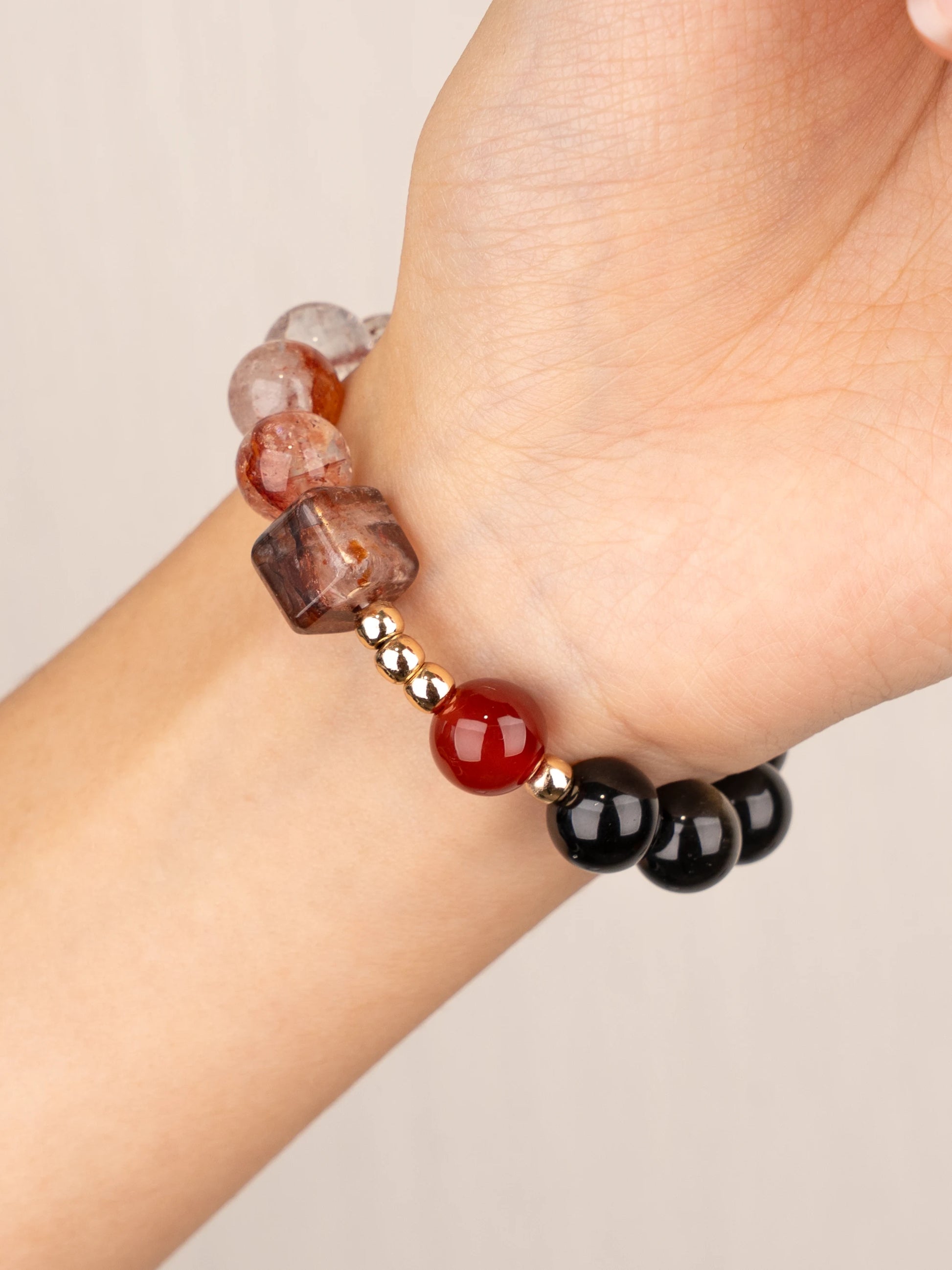 SENLLY Ember Force - Beaded Stretch Bracelet with Natural Red Hematoid Quartz, Red Agate & Gold Obsidian, Handcrafted Natural Stone Jewelry for Strength, Protection & Emotional Balance