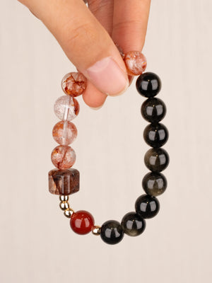 SENLLY Ember Force - Beaded Stretch Bracelet with Natural Red Hematoid Quartz, Red Agate & Gold Obsidian, Handcrafted Natural Stone Jewelry for Strength, Protection & Emotional Balance