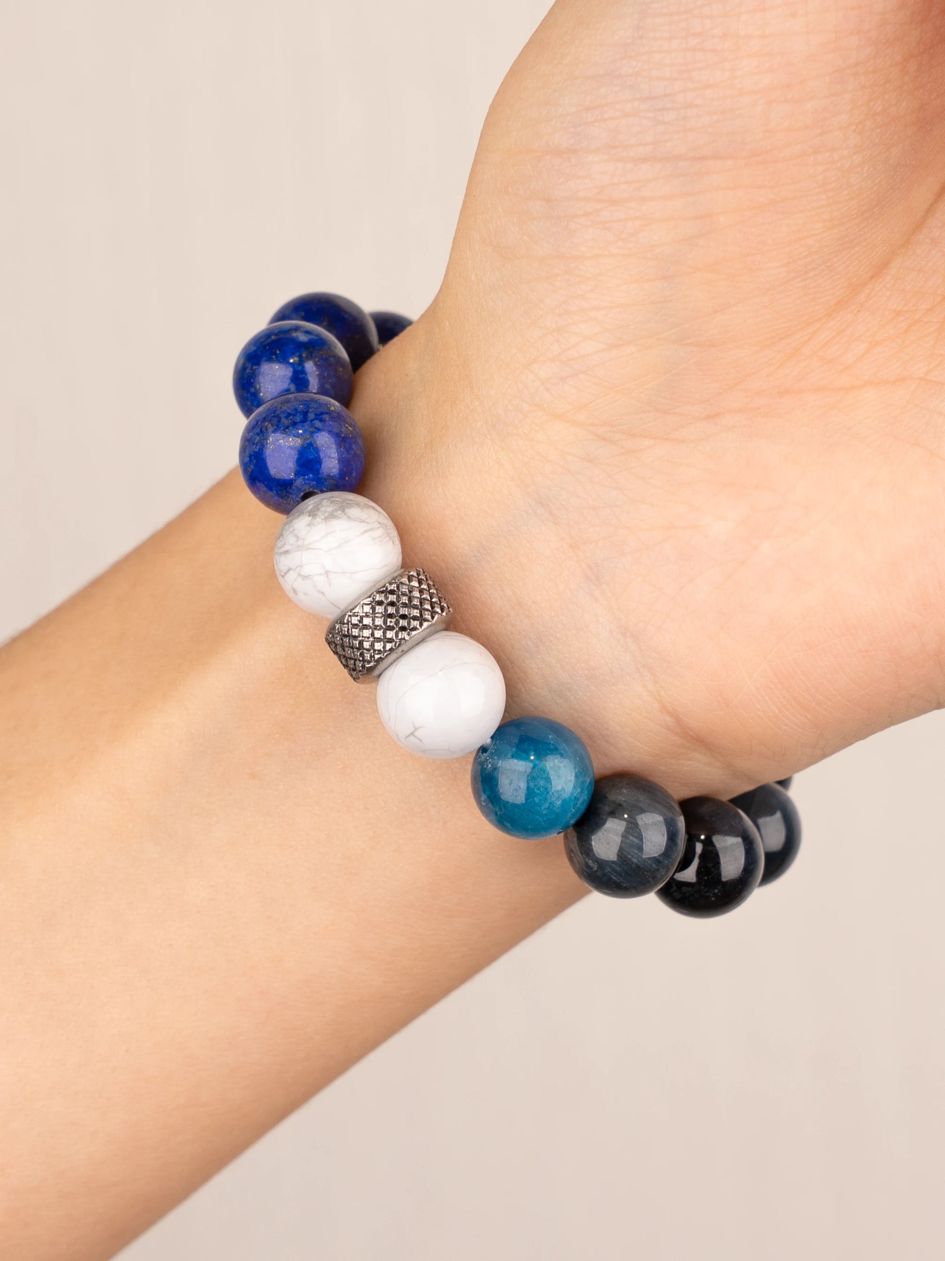 SENLLY Midnight Wisdom - Beaded Stretch Bracelet with Natural Lapis Lazuli, Howlite, Kyanite & Blue Tiger Eye, Handcrafted Natural Stone Jewelry for Focus, Calm & Emotional Balance