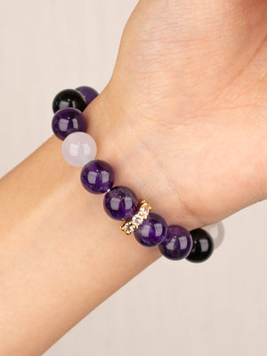 SENLLY Mystic Balance - Natural Amethyst, Black Agate & White Agate Beaded Bracelet, Handcrafted Stretch Stone Jewelry for Calm, Focus & Protection