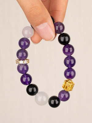 SENLLY Mystic Balance - Natural Amethyst, Black Agate & White Agate Beaded Bracelet, Handcrafted Stretch Stone Jewelry for Calm, Focus & Protection