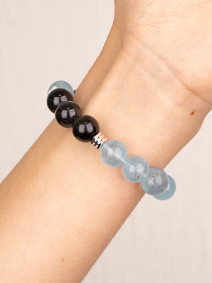 SENLLY Ocean Focus - Beaded Stretch Bracelet with Natural Aquamarine & Black Agate, Handcrafted Natural Stone Jewelry for Clarity, Strength & Balance