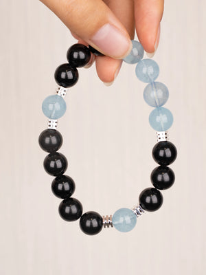 SENLLY Ocean Focus - Beaded Stretch Bracelet with Natural Aquamarine & Black Agate, Handcrafted Natural Stone Jewelry for Clarity, Strength & Balance