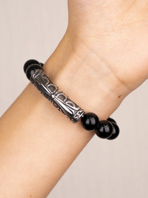 SENLLY Midnight Carve - Beaded Stretch Bracelet with Black Agate & Vintage Silver Tube, Handcrafted Natural Stone Jewelry for Strength, Grounding & Modern Minimalism