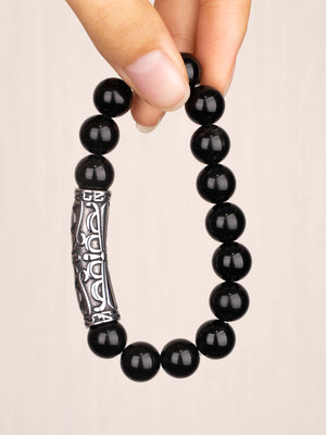 SENLLY Midnight Carve - Beaded Stretch Bracelet with Black Agate & Vintage Silver Tube, Handcrafted Natural Stone Jewelry for Strength, Grounding & Modern Minimalism