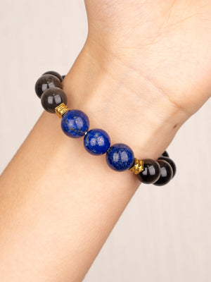 SENLLY Nightfall Insight - Beaded Stretch Bracelet with Natural Lapis Lazuli & Silver Obsidian, Handcrafted Natural Stone Jewelry for Clarity, Strength & Emotional Balance