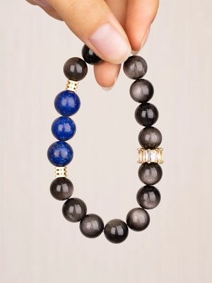 SENLLY Nightfall Insight - Beaded Stretch Bracelet with Natural Lapis Lazuli & Silver Obsidian, Handcrafted Natural Stone Jewelry for Clarity, Strength & Emotional Balance