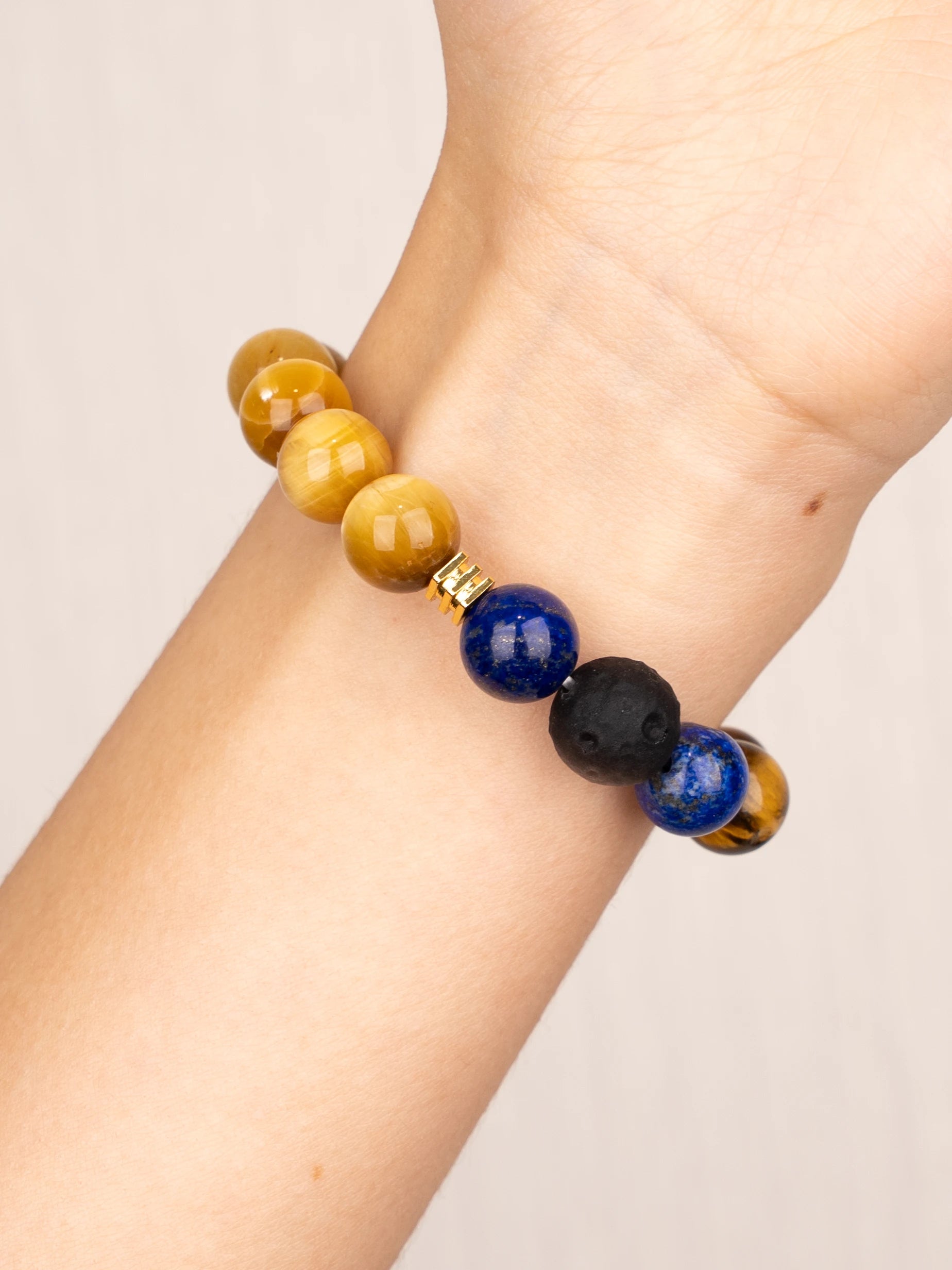 SENLLY Regal Golden Vision - Gold Tiger Eye, Lapis Lazuli & Silver Obsidian Beaded Bracelet, Handcrafted Natural Stone Jewelry for Strength, Insight & Confidence