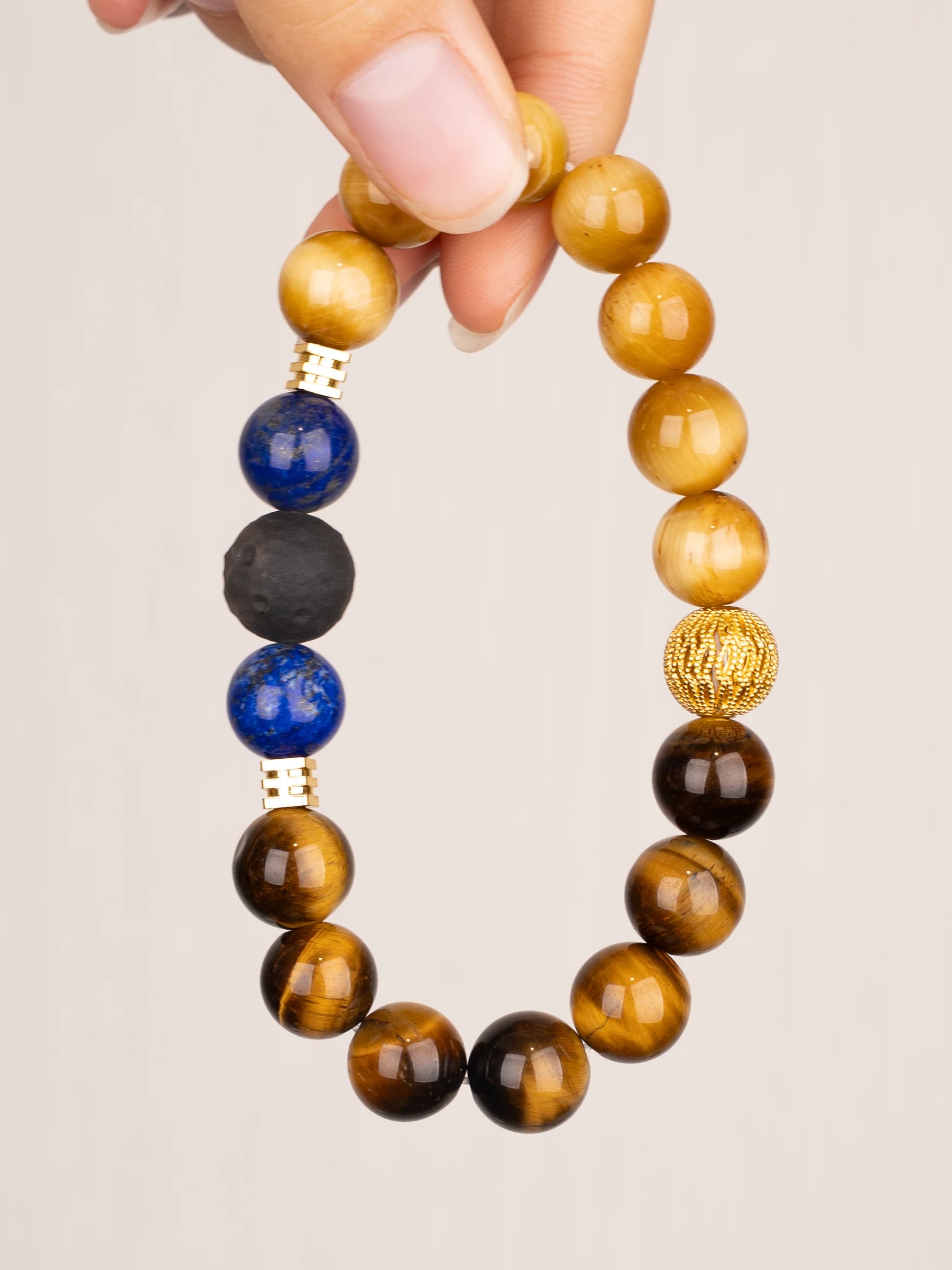 SENLLY Regal Golden Vision - Gold Tiger Eye, Lapis Lazuli & Silver Obsidian Beaded Bracelet, Handcrafted Natural Stone Jewelry for Strength, Insight & Confidence