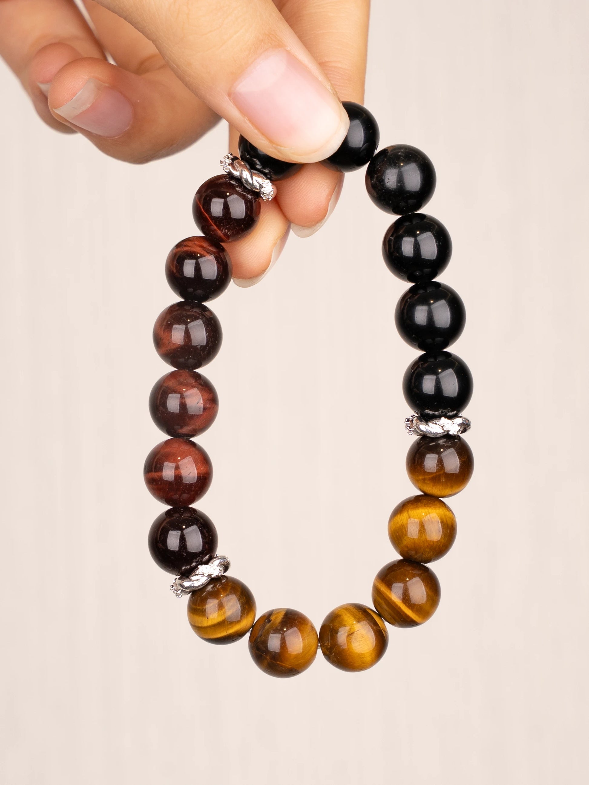 SENLLY Shadow Valor - Beaded Stretch Bracelet with Natural Black Agate, Tiger Eye & Red Tiger Eye, Handcrafted Natural Stone Jewelry for Strength, Confidence & Grounding