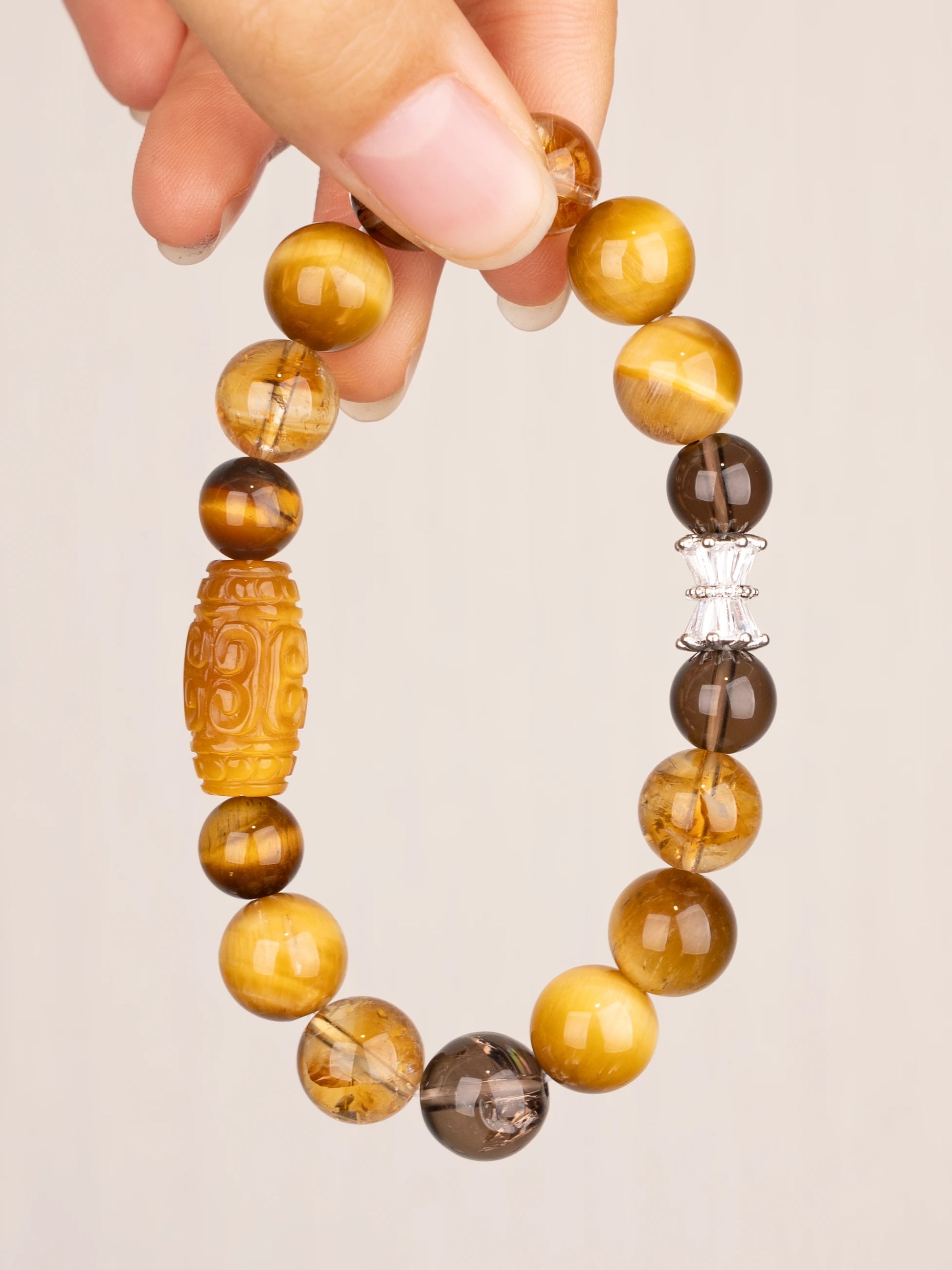 SENLLY Golden Guardian - Tiger Eye, Citrine & Smoky Quartz Beaded Bracelet, Handcrafted Natural Stone Jewelry for Confidence, Protection & Steady Energy