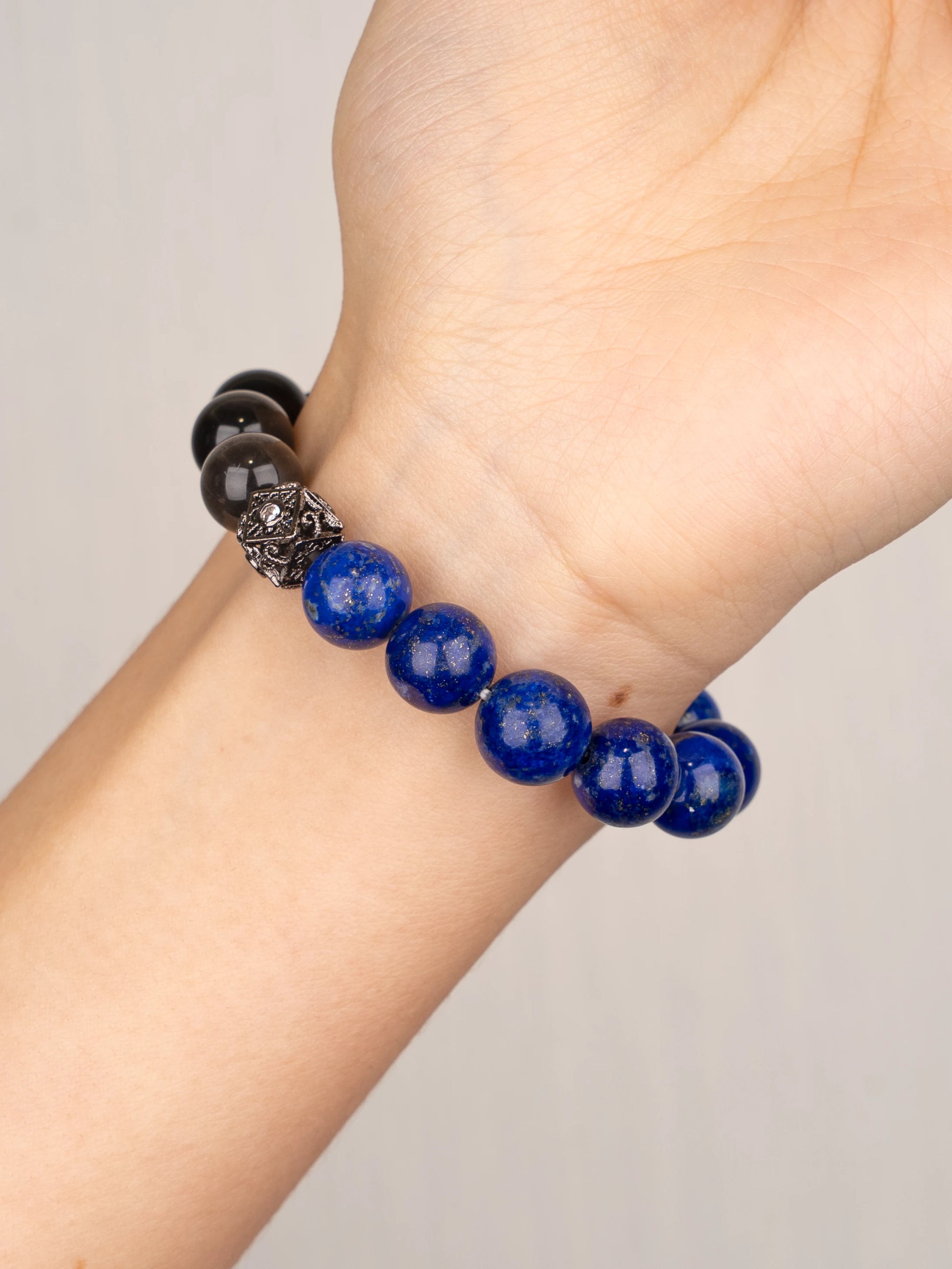 SENLLY Midnight Realm - Beaded Stretch Bracelet with Lapis Lazuli & Silver Obsidian, Handmade Natural Stone Jewelry for Clarity, Balance & Focus