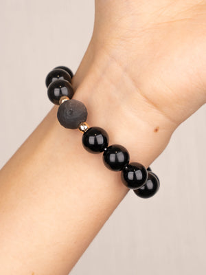 SENLLY Midnight Guardian - Beaded Stretch Bracelet with Natural Black Agate & Silver Obsidian, Handcrafted Natural Stone Jewelry for Protection, Strength & Grounding