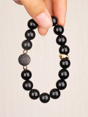 SENLLY Midnight Guardian - Beaded Stretch Bracelet with Natural Black Agate & Silver Obsidian, Handcrafted Natural Stone Jewelry for Protection, Strength & Grounding