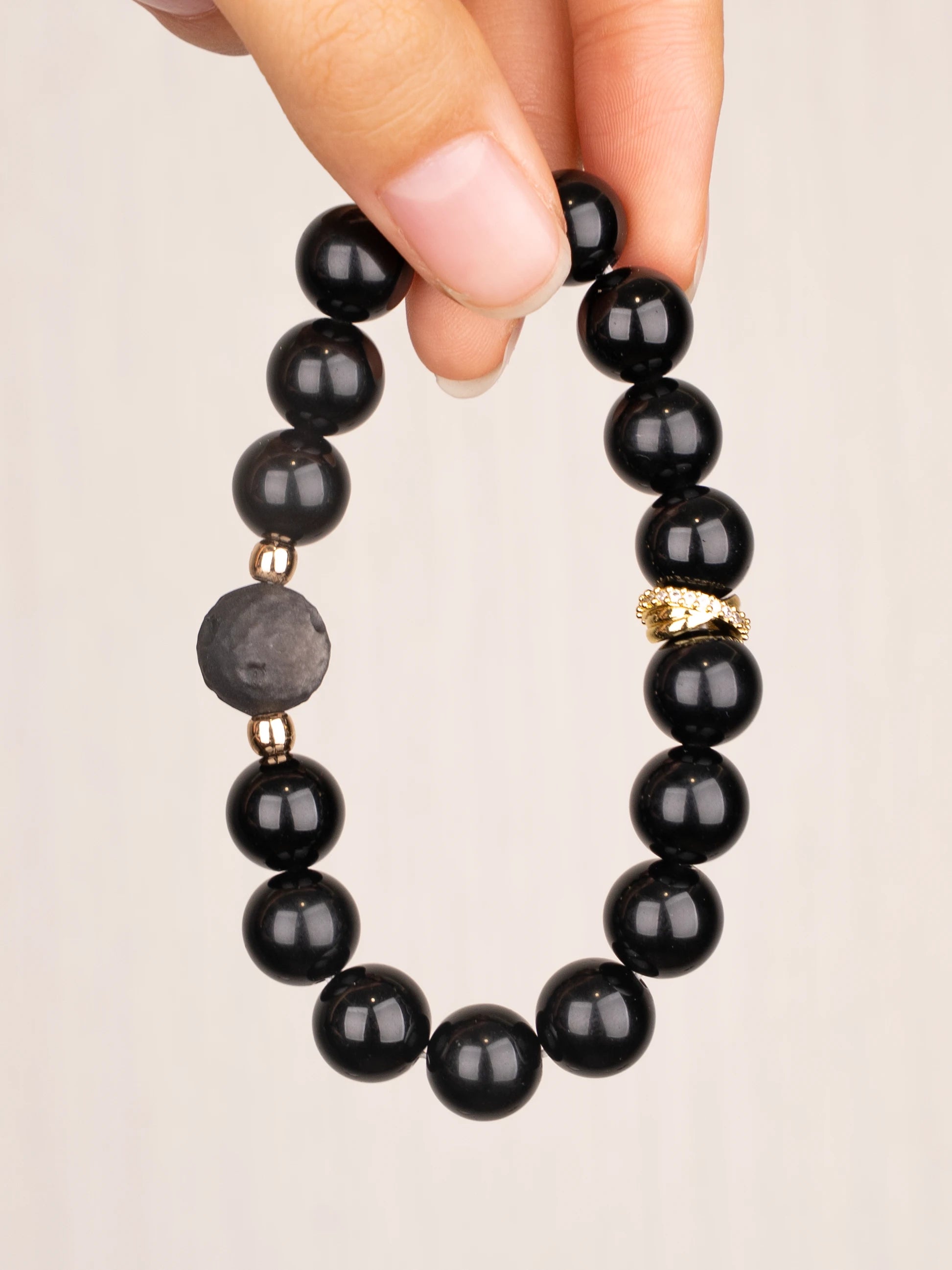 SENLLY Midnight Guardian - Beaded Stretch Bracelet with Natural Black Agate & Silver Obsidian, Handcrafted Natural Stone Jewelry for Protection, Strength & Grounding