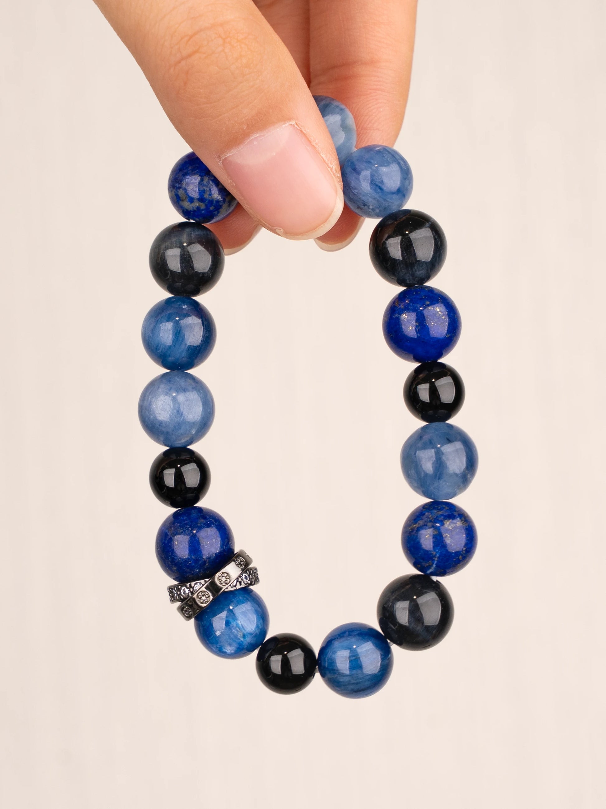 SENLLY Midnight Insight - Beaded Stretch Bracelet with Natural Lapis Lazuli, Kyanite, Blue Tiger Eye & Black Agate, Handcrafted Natural Stone Jewelry for Clarity, Focus & Confidence
