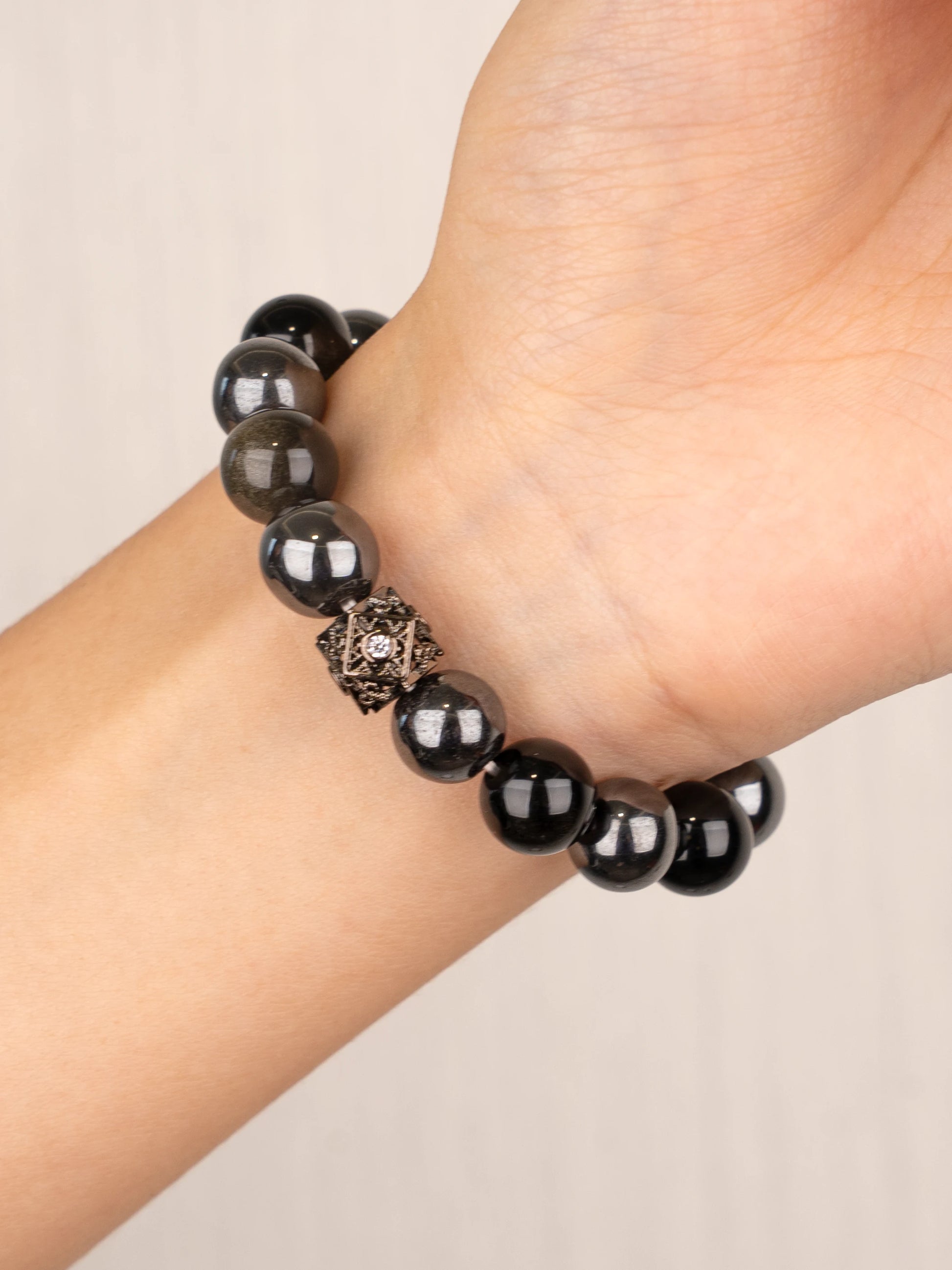 SENLLY Shadow Alloy - Beaded Stretch Bracelet with Natural Hematite & Gold Obsidian, Handmade Natural Stone Jewelry for Strength, Balance & Grounding