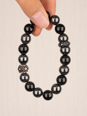 SENLLY Shadow Alloy - Beaded Stretch Bracelet with Natural Hematite & Gold Obsidian, Handmade Natural Stone Jewelry for Strength, Balance & Grounding