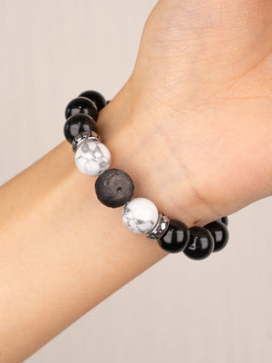 SENLLY Shadow Harmony - Beaded Stretch Bracelet with Black Agate, Howlite & Silver Obsidian, Handcrafted Natural Stone Jewelry for Balance, Clarity & Grounding
