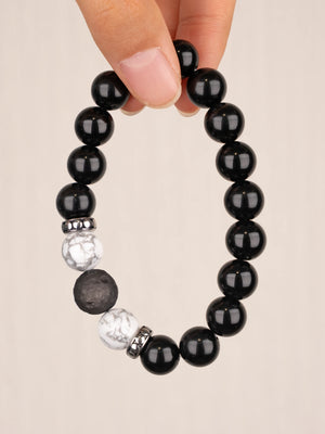 SENLLY Shadow Harmony - Beaded Stretch Bracelet with Black Agate, Howlite & Silver Obsidian, Handcrafted Natural Stone Jewelry for Balance, Clarity & Grounding