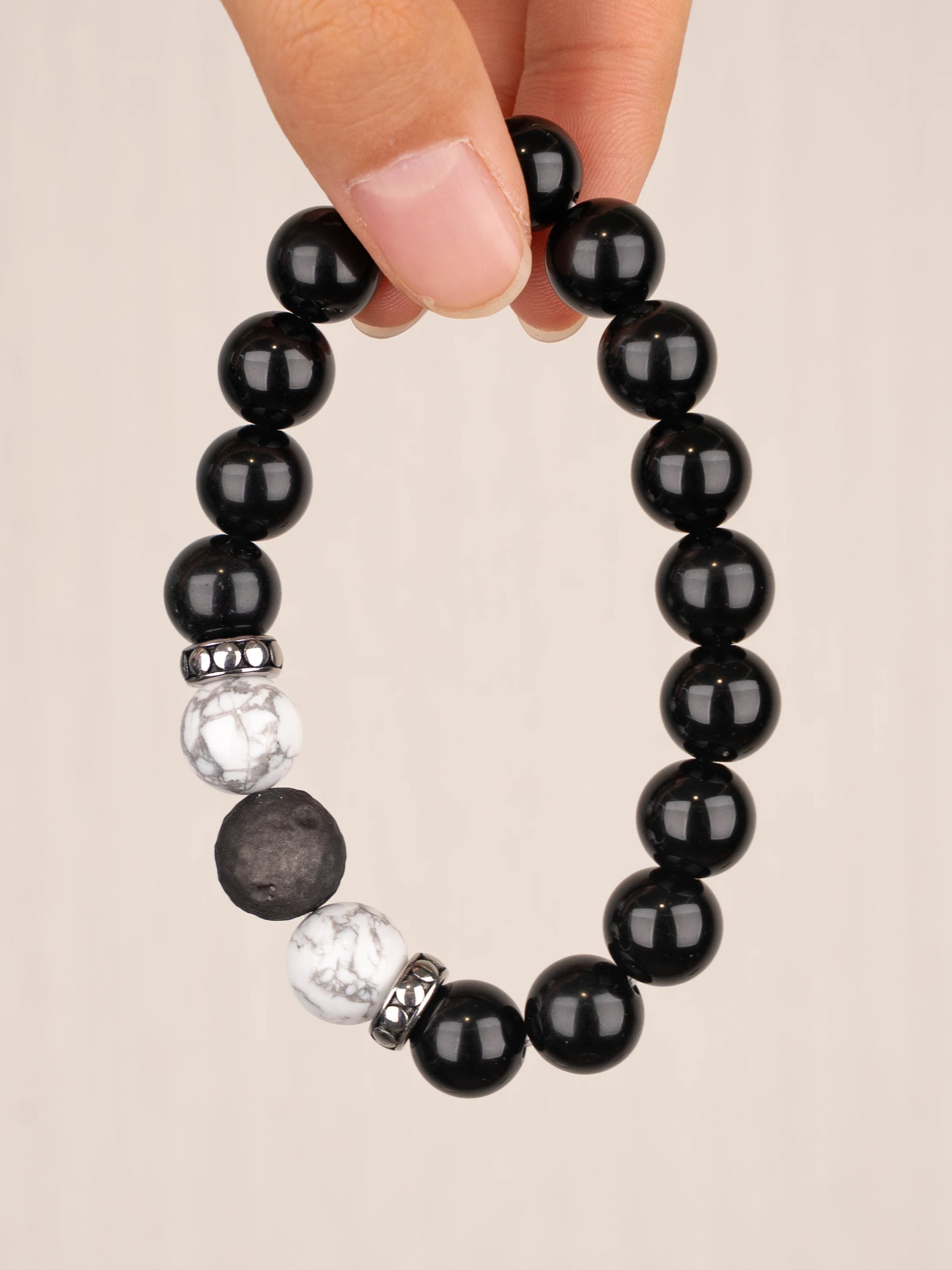 SENLLY Shadow Harmony - Beaded Stretch Bracelet with Black Agate, Howlite & Silver Obsidian, Handcrafted Natural Stone Jewelry for Balance, Clarity & Grounding