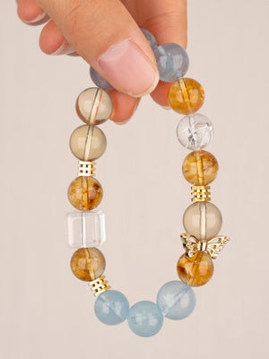 SENLLY Dawn Breeze - Beaded Stretch Bracelet with Aquamarine, Citrine, Lemon Quartz & Azeztulite, Handmade Natural Stone Jewelry for Clarity, Renewal & Balance