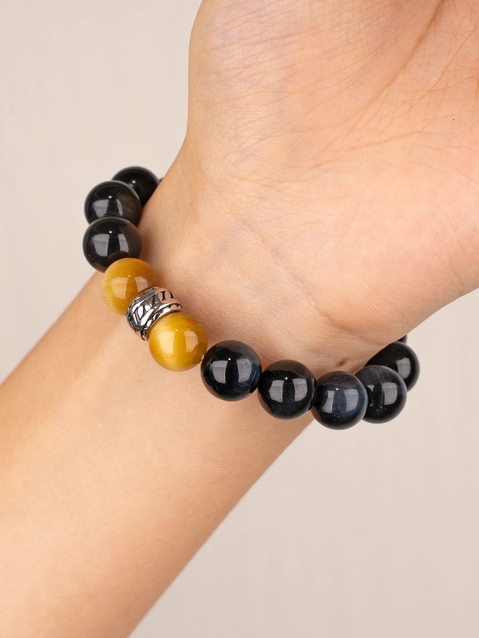 SENLLY Nightfall Focus - Beaded Stretch Bracelet with Natural Blue Tiger Eye & Gold Tiger Eye, Handcrafted Natural Stone Jewelry for Strength, Focus & Grounding