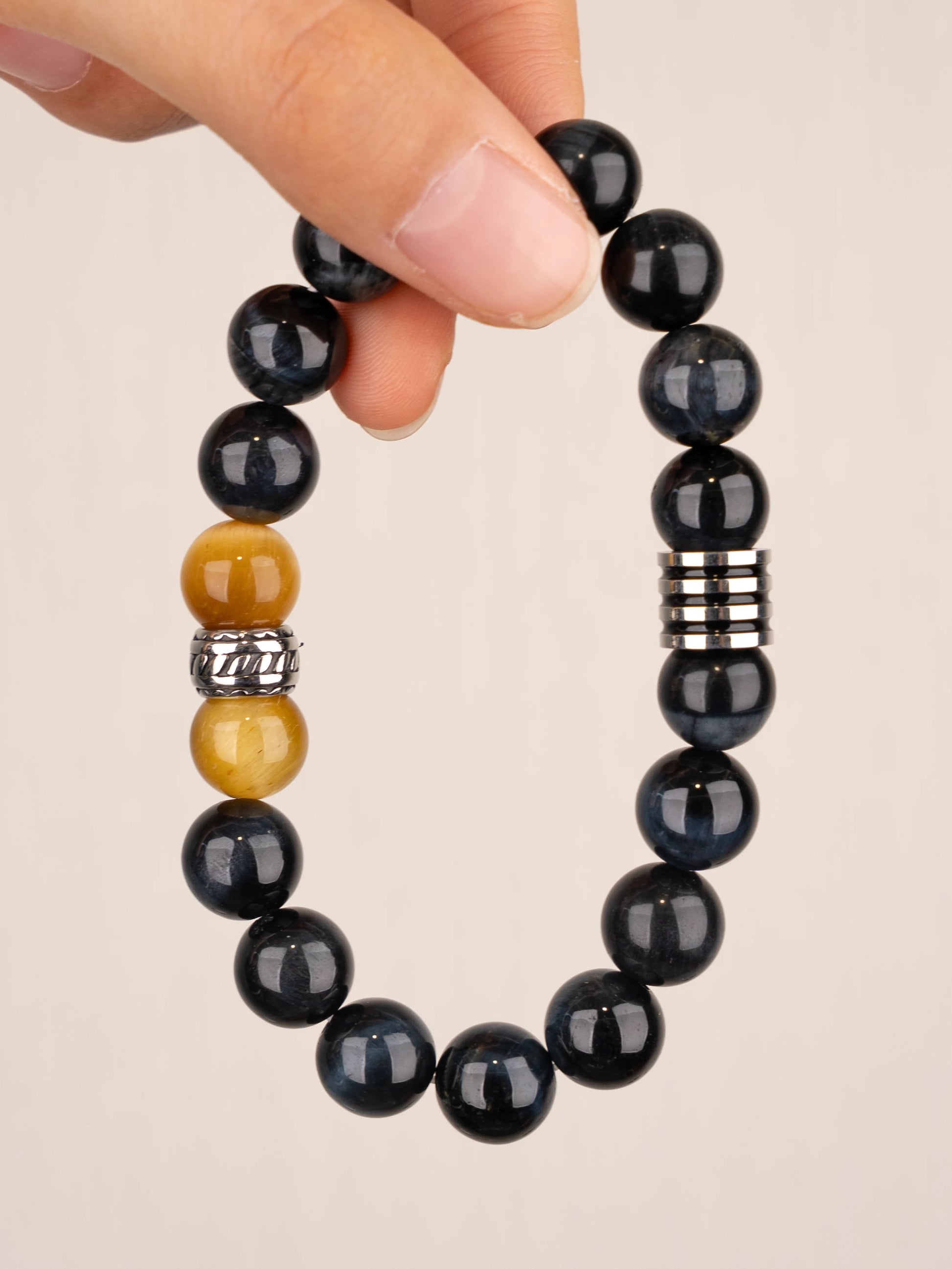 SENLLY Nightfall Focus - Beaded Stretch Bracelet with Natural Blue Tiger Eye & Gold Tiger Eye, Handcrafted Natural Stone Jewelry for Strength, Focus & Grounding