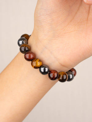 SENLLY Focus Strength - Natural Tiger Eye, Red Tiger Eye & Hematite Beaded Bracelet, Handmade Gemstone Jewelry for Confidence & Balance