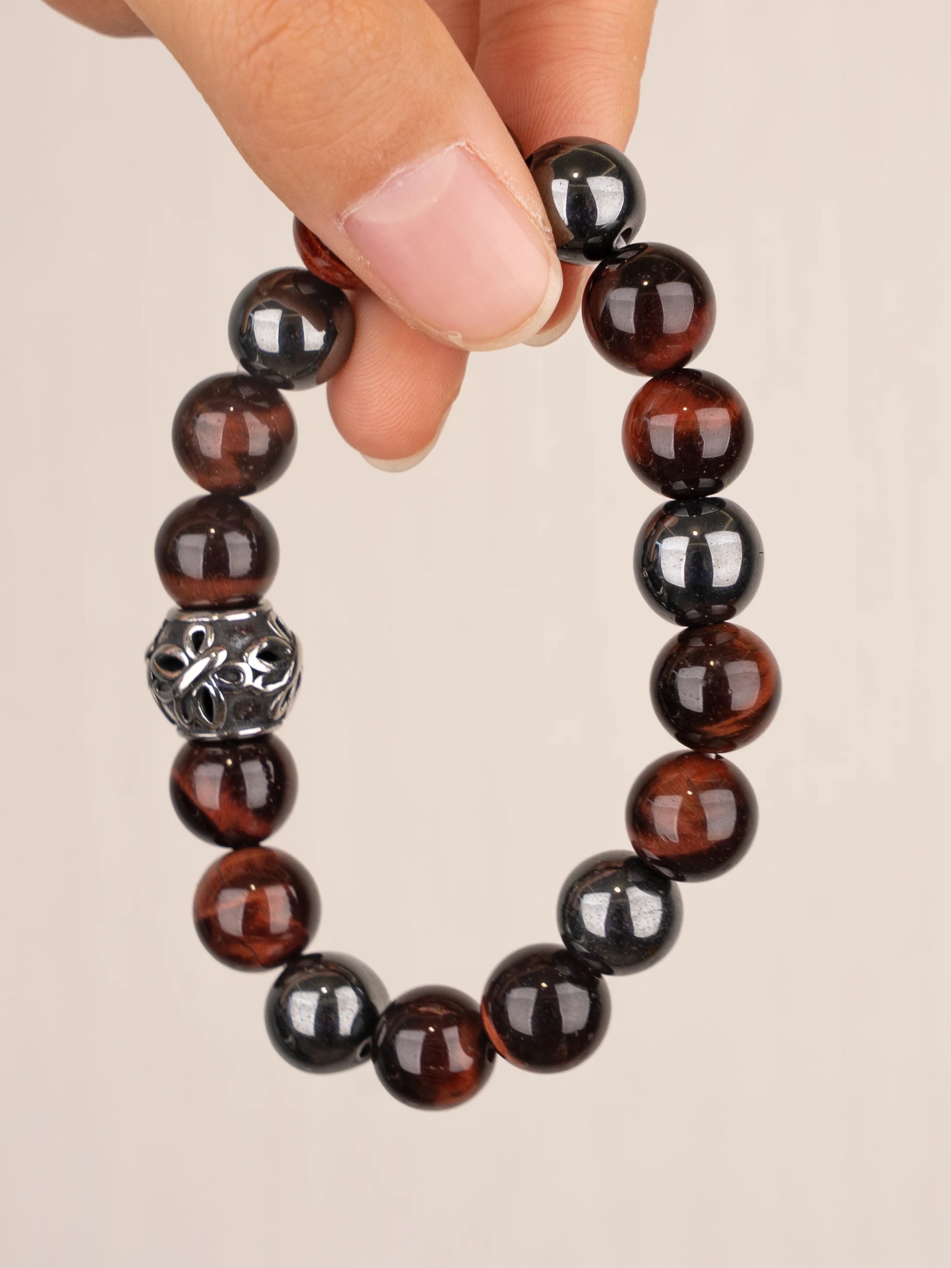 SENLLY Ember Strength - Beaded Stretch Bracelet with Red Tiger Eye & Natural Hematite, Handcrafted Natural Stone Jewelry for Confidence, Grounding & Clarity