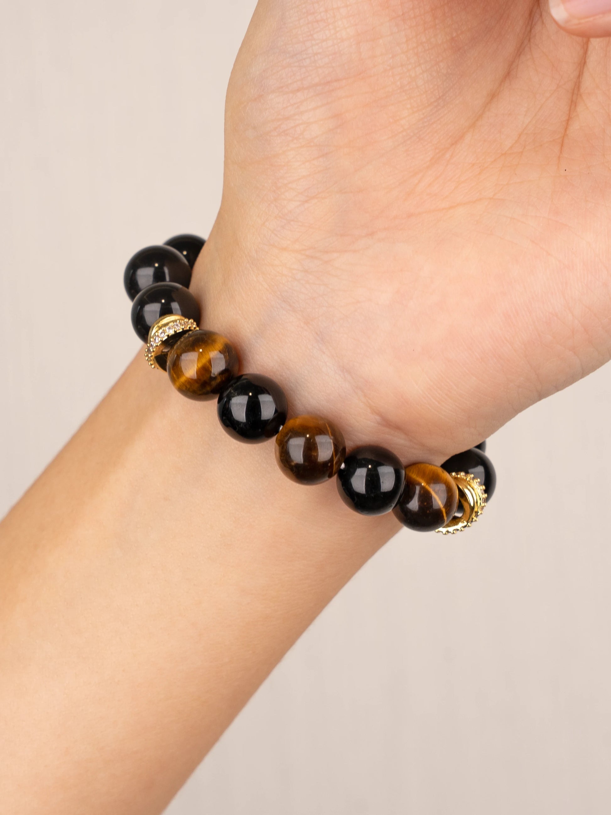 SENLLY Golden Ember - Beaded Stretch Bracelet with Tiger Eye & Black Agate, Handcrafted Natural Stone Jewelry for Confidence, Balance & Modern Style