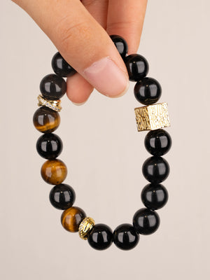 SENLLY Golden Ember - Beaded Stretch Bracelet with Tiger Eye & Black Agate, Handcrafted Natural Stone Jewelry for Confidence, Balance & Modern Style