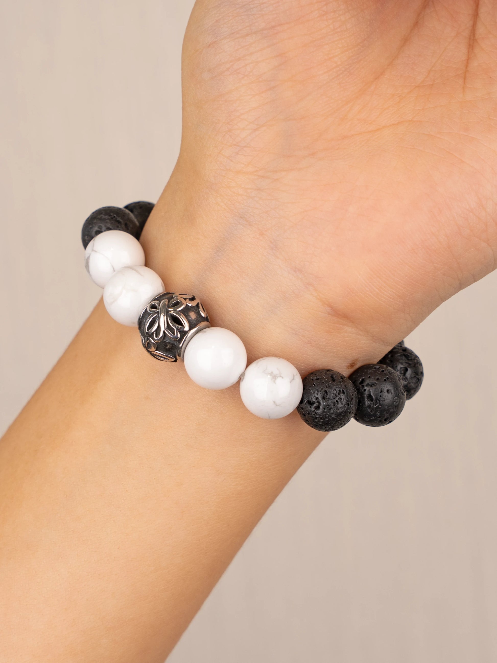 SENLLY Silent Marble - Beaded Stretch Bracelet with Howlite & Lava Rock, Handcrafted Natural Stone Jewelry for Calm, Balance & Clarity