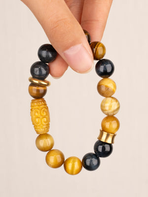 SENLLY Dual-Tone Focus - Beaded Stretch Bracelet with Natural Tiger Eye, Gold Tiger Eye & Blue Tiger Eye, Handcrafted Natural Stone Jewelry for Confidence, Balance & Strength